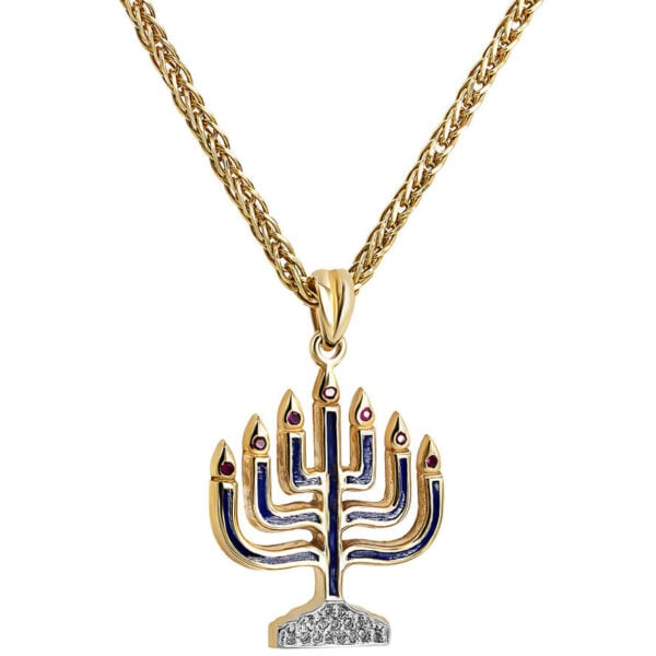 14k Gold Menorah with Ruby Flames and Diamond Base Necklace (with chain)