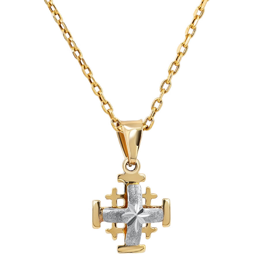 2 Tone 'Jerusalem Cross' 14k Gold Pendant with Star Engraving