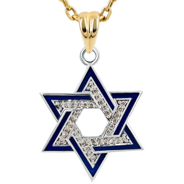 Star of David' 14k White Gold Diamond Pendant with Blue Enamel