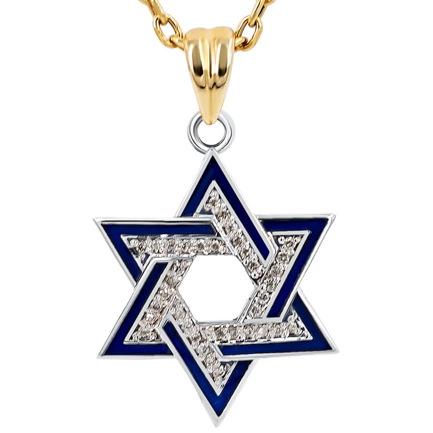 Star of David’ 14k White Gold Diamond Pendant with Blue Enamel