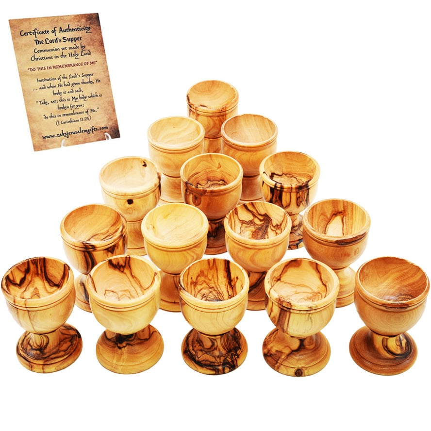Church Supplies - Bulk Olive Wood Cups with Stem from Israel - 15 pieces