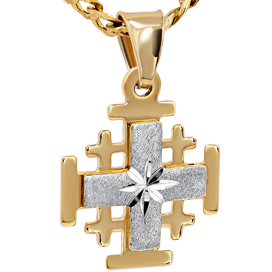2 Tone 'Jerusalem Cross' 14k Gold 'Bright Morning Star' Pendant