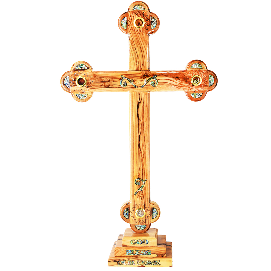 Large Standing Olive Wood Cross – Mother of Pearl and Incense – 24″