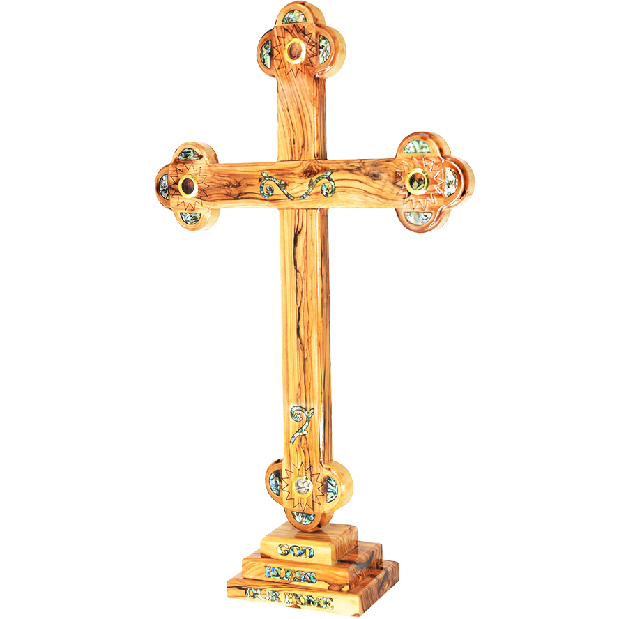 Large Standing Olive Wood Cross – Mother of Pearl and Incense – 24″