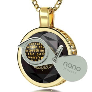 Psalm 23 Inscribed 24k Nano on Zirconia - 14k Gold Scripture Pendant (with magnifying glass)