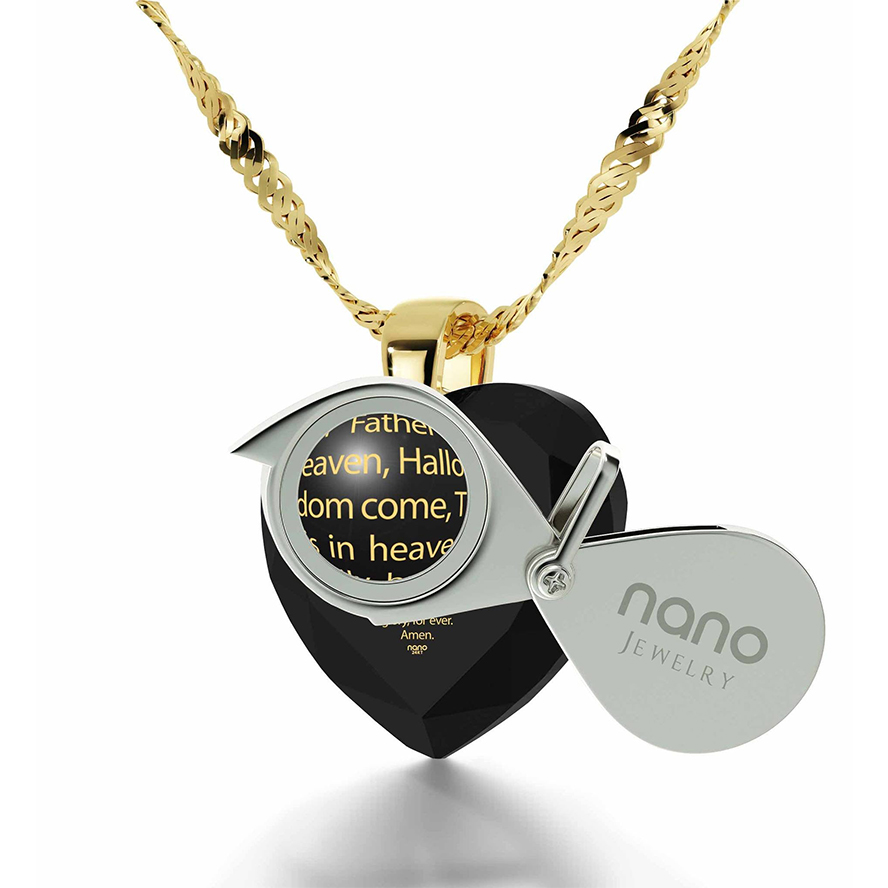 “The Lord’s Prayer” 24k Nano Engraved Zircon Necklace – 14k Gold Bail (included magnifier glass)