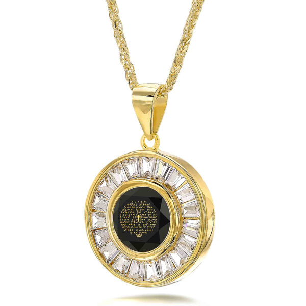 Aramaic "Lord's Prayer" Nano 24k Inscribed Zirconia 14k Gold Crown Necklace