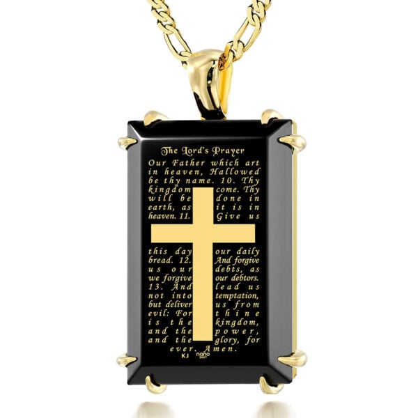The Lord's Prayer Inscribed 24k Gold on Onyx 14k Gold Prong Scripture Pendant