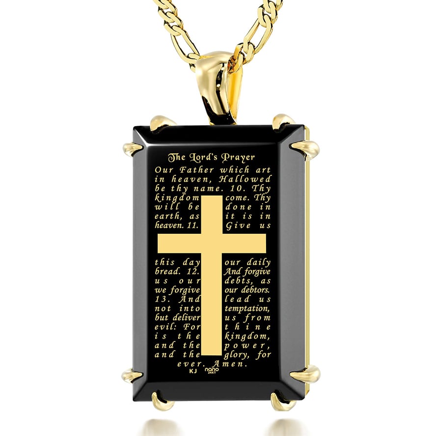 The Lord's Prayer Inscribed 24k Gold on Onyx 14k Gold Prong Scripture Pendant
