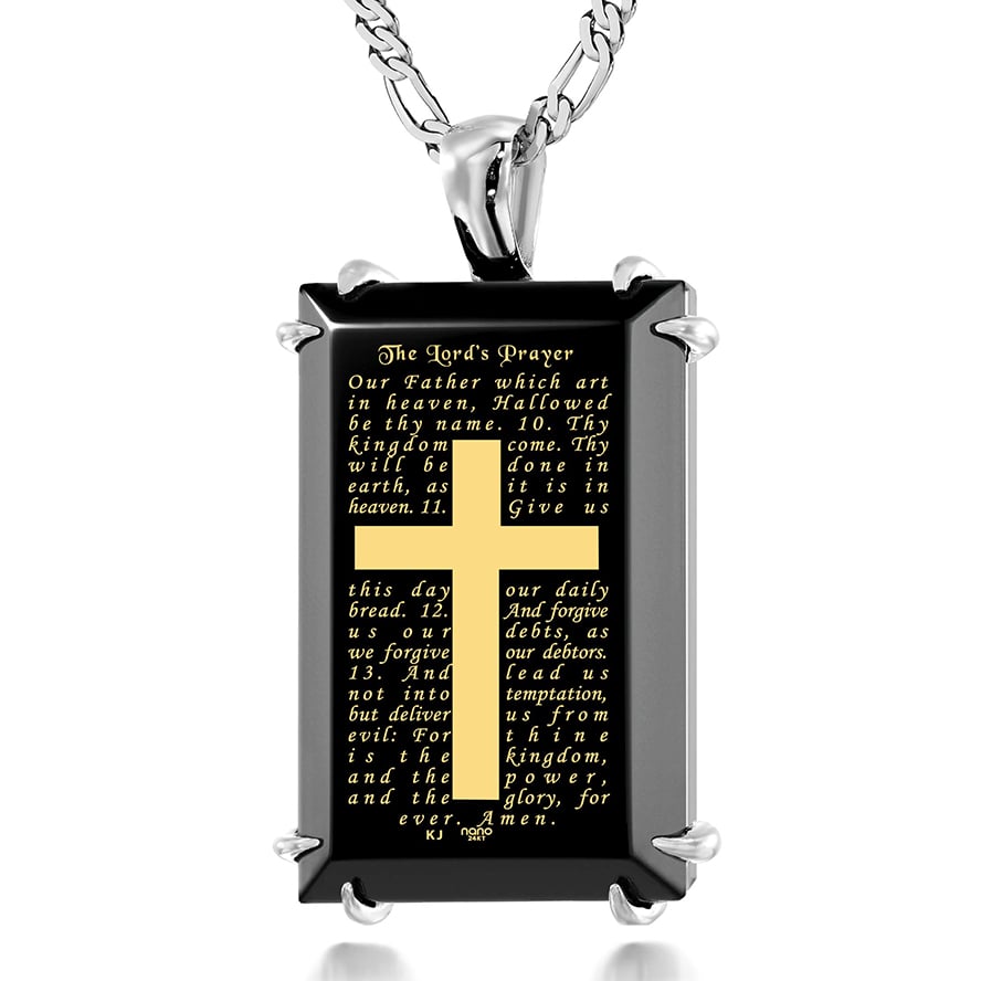 "The Lord's Prayer" Inscribed 24k on Onyx 925 Silver Prong Scripture Pendant