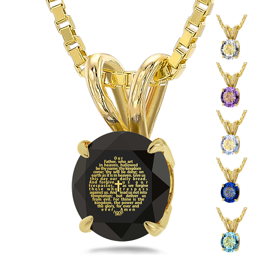 “The Lord’s Prayer” 24k Nano Engraved 14k Gold Solitaire Necklace (color options)