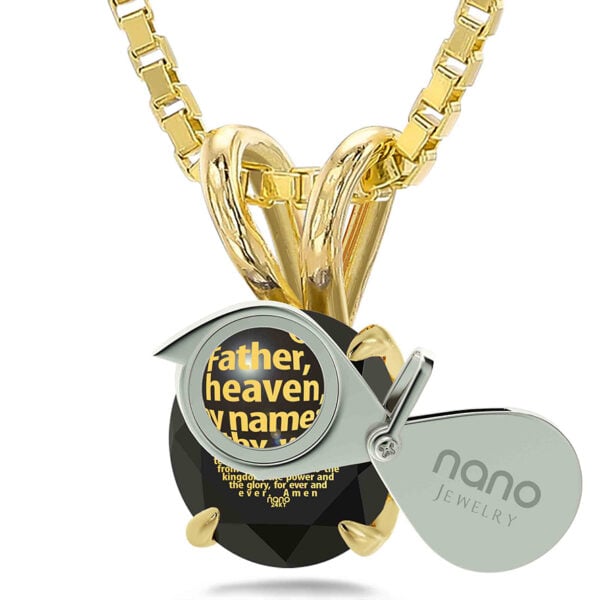 "The Lord's Prayer" 24k Nano Engraved 14k Gold Solitaire Necklace (with magnifying glass)