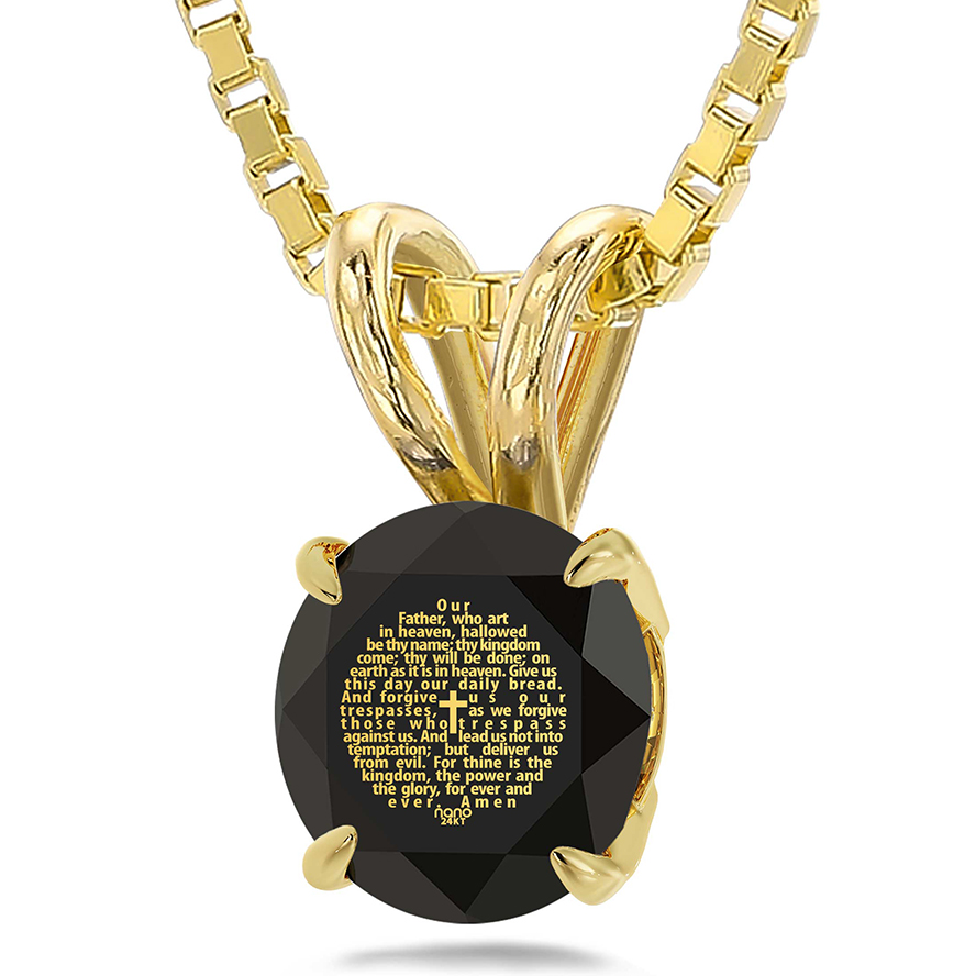 “The Lord’s Prayer” 24k Nano Engraved 14k Gold Solitaire Necklace