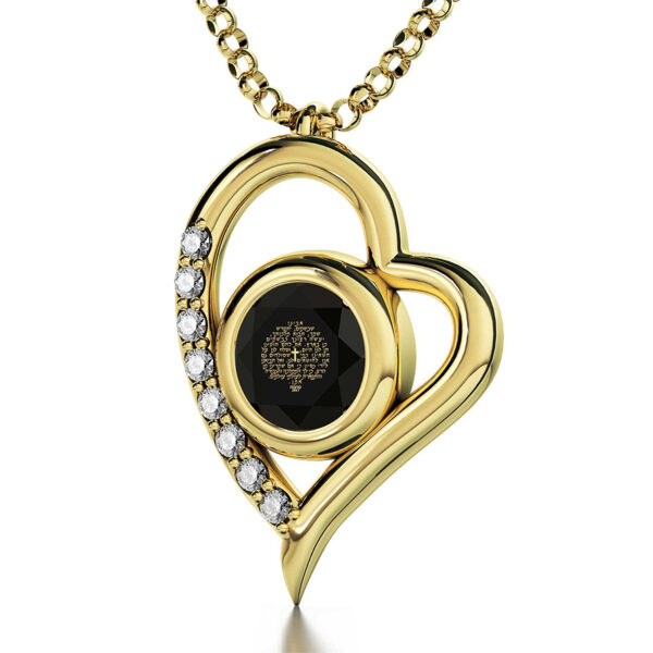 "The Lord's Prayer" in Hebrew 24k Engraved Diamond Heart 14k Necklace
