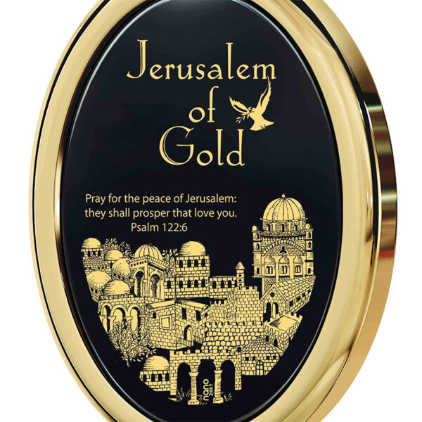 'Psalm 122:6' in 24k Gold on Onyx 14k Gold Oval 'Jerusalem' Necklace (detail)