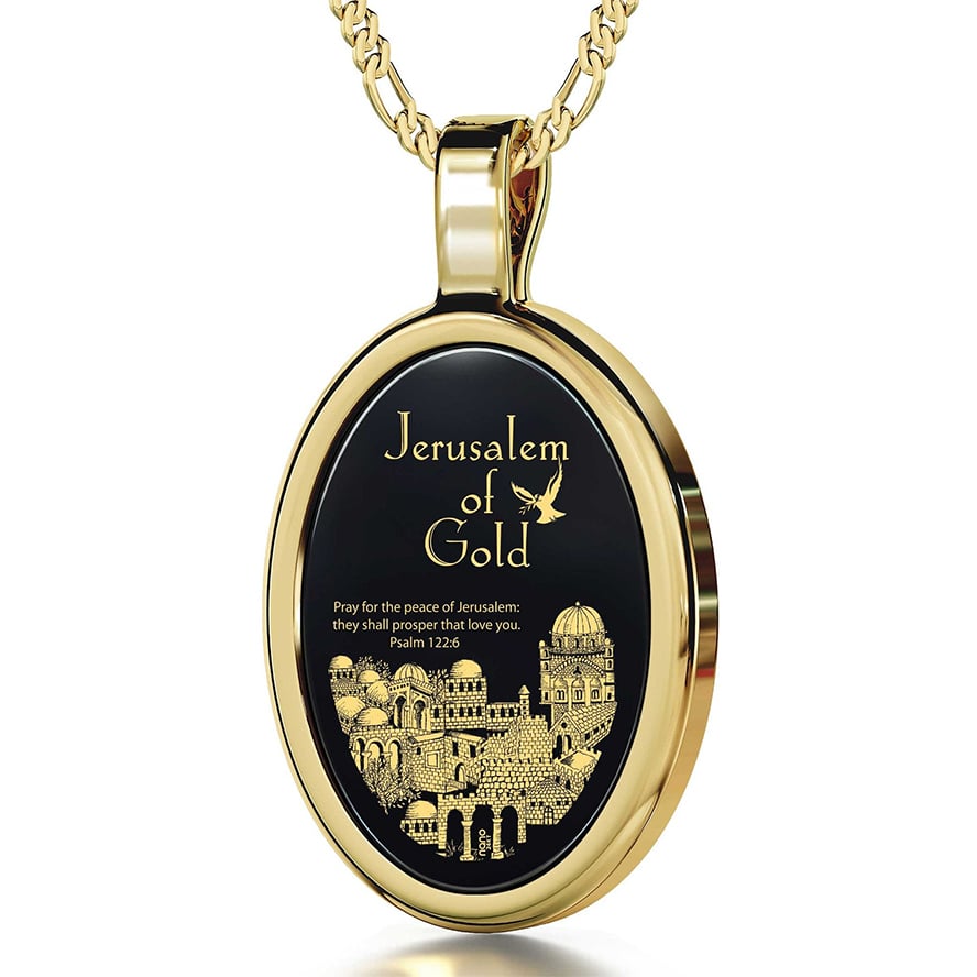 'Psalm 122:6' in 24k Gold on Onyx 14k Gold Oval 'Jerusalem' Necklace