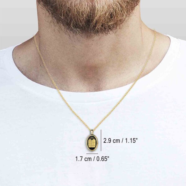 The Ten Commandments - 24k Scripture on Onyx in a 14k Gold Necklace (worn by a guy)