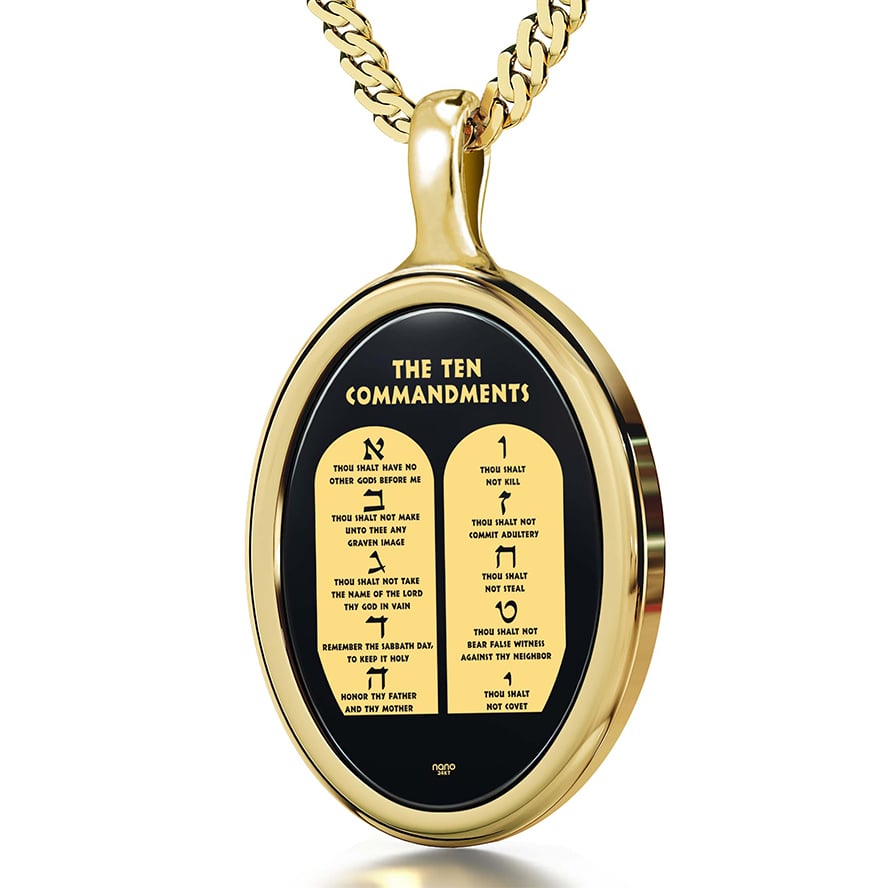 The Ten Commandments – 24k Scripture on Onyx in a 14k Gold Necklace