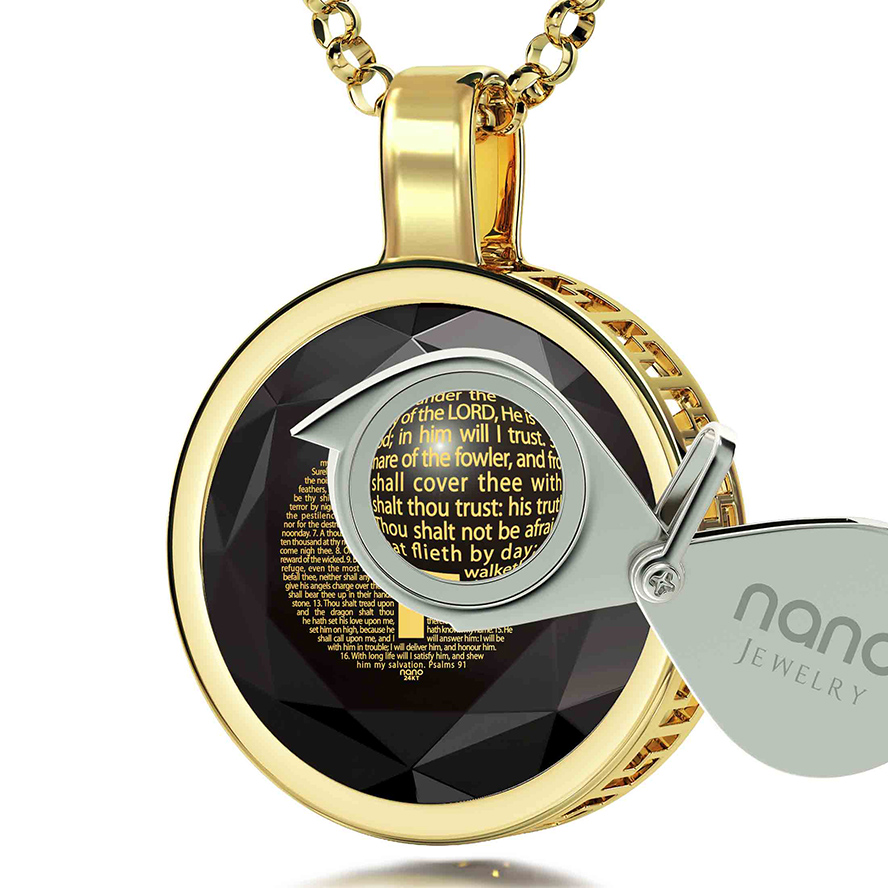 Psalm 91 Inscribed in 24k Nano on Zirconia 14k Gold Scripture Necklace (with magnifying glass)