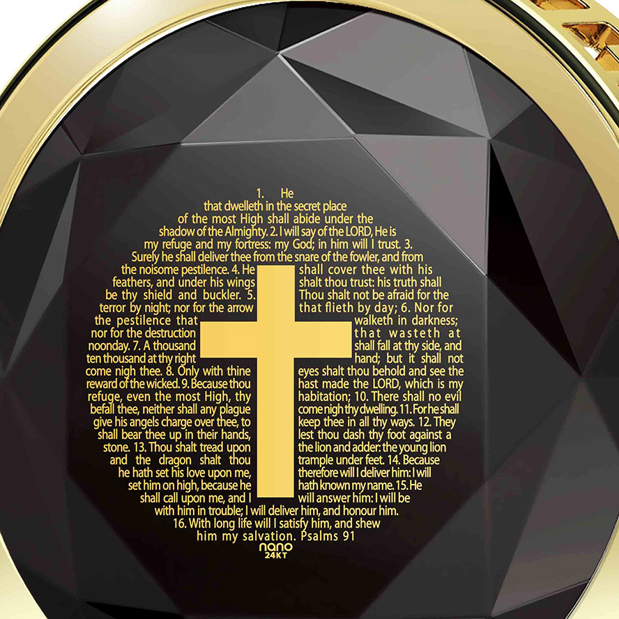 Psalm 91 Inscribed in 24k Nano on Zirconia 14k Gold Scripture Necklace (detail)