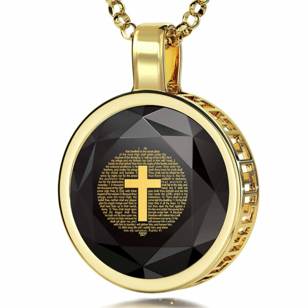 Psalm 91 Inscribed in 24k Nano on Zirconia 14k Gold Scripture Necklace