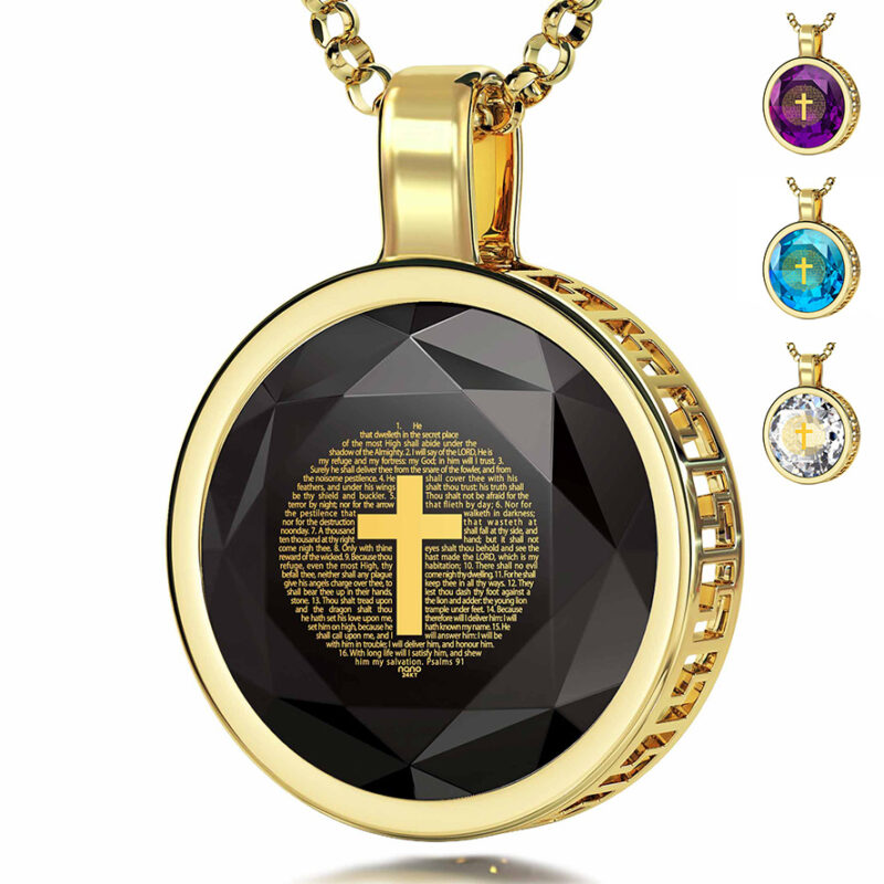 Psalm 91 Inscribed in 24k Nano on Zirconia 14k Gold Scripture Necklace (color options)