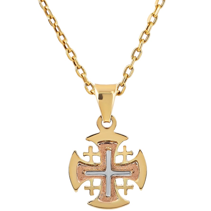 ‘Jerusalem Cross’ 14k Gold Pendant – 3D Layered Triple Tone (with chain)
