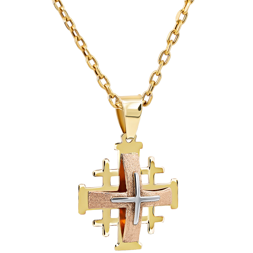 14k Gold ‘Jerusalem Cross’ 3D Trinity Necklace – 2 Sizes (with chain)