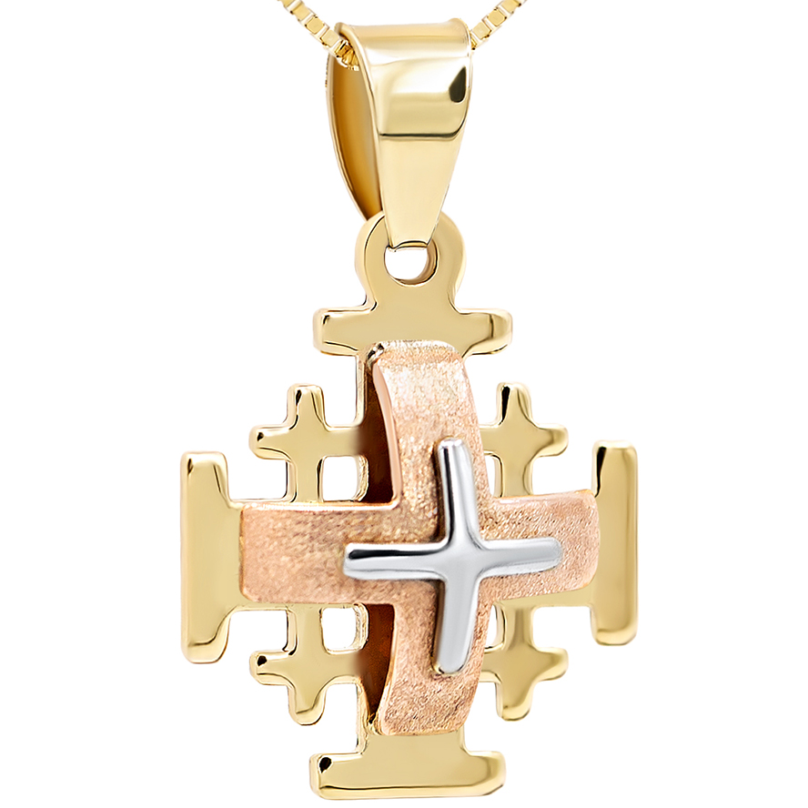 14k Gold ‘Jerusalem Cross’ 3D Trinity Necklace – 2 Sizes (smaller)