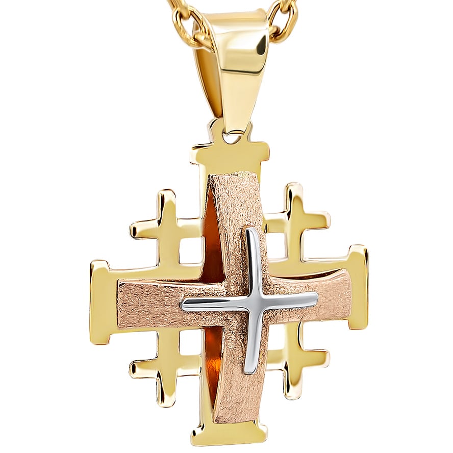 14k Gold ‘Jerusalem Cross’ 3D Trinity Necklace – 2 Sizes (large)