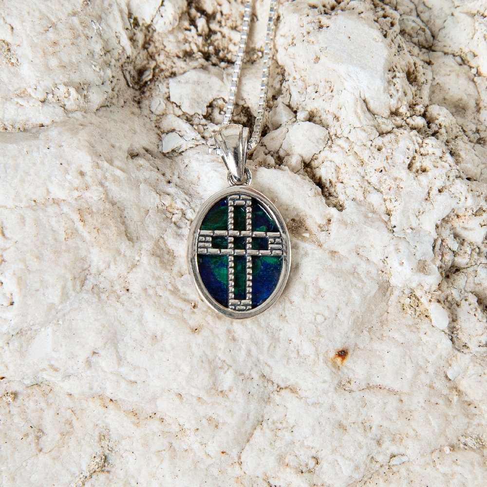 Solomon Stone ‘Jerusalem Walls’ 925 Sterling Silver Oval Necklace (laying on a rock)