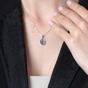 Sterling Silver Cross Oval Necklace with Solomon Stone (worn by model)