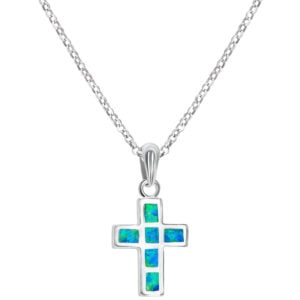 ✞ Classic Sterling Silver Cross Necklace with Real Opal (with chain)