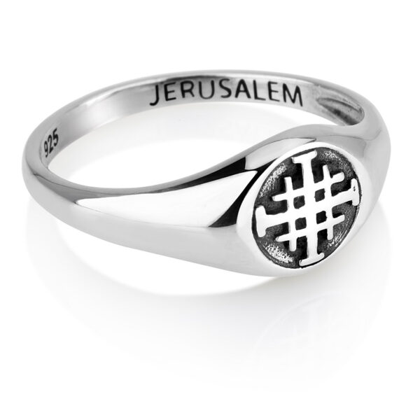 'Jerusalem Cross' Engraved Sterling Silver Ring - Made in Israel (angle view)
