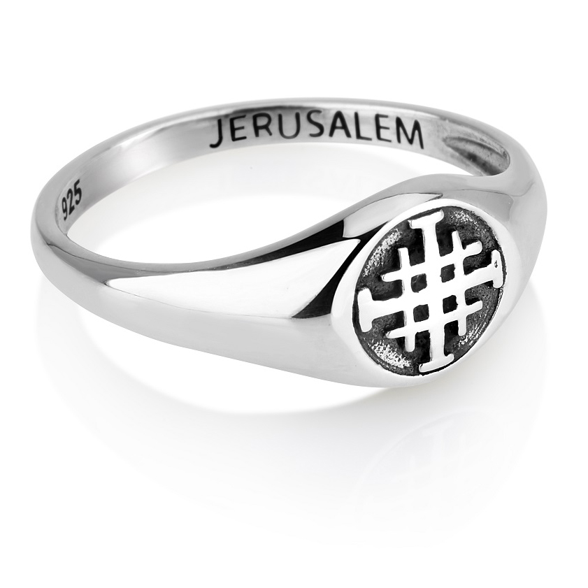 ‘Jerusalem Cross’ Engraved Sterling Silver Ring – Made in Israel (angle view)