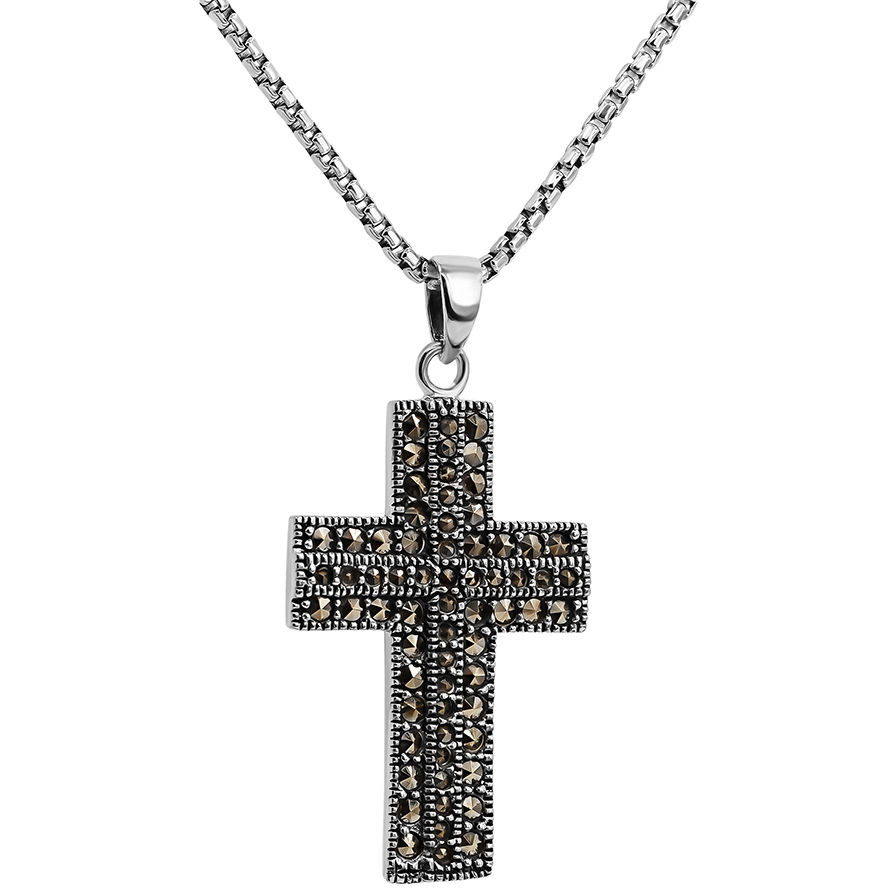 925 Sterling Silver Cross with Marcasite – Necklace from Jerusalem (with chain)