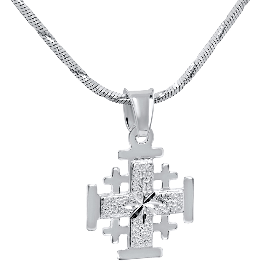 ‘Jerusalem Cross’ Textured ‘Morning Star’ Sterling Silver Pendant – 1.7 cm (with chain)