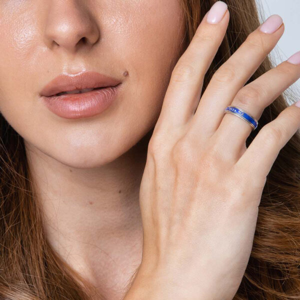 "Ani LeDodi VeDodi Li" Sterling Silver Ring in Hebrew - Blue Enamel (worn by model)