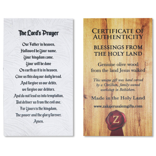 'The Lord's Prayer' and a 'Made in the Holy Land' authenticity certificate.