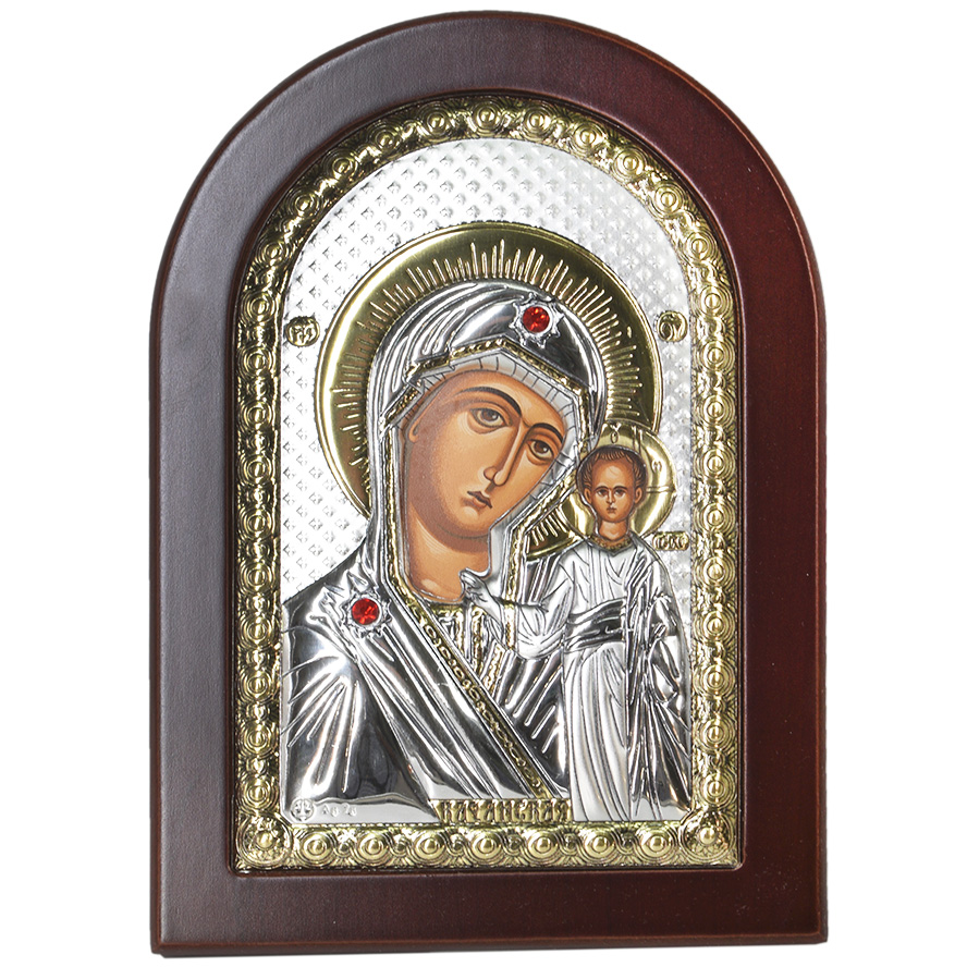 'Virgin Mary & Baby Jesus' Icon - Silver Plated with Wood (front view)