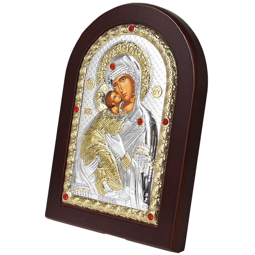 Blessed Virgin Mary & Baby Jesus' Jeweled Icon - Silver Plated with Wood