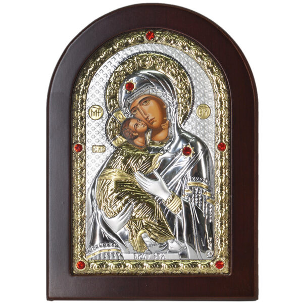 'Blessed Virgin Mary & Baby Jesus' Jeweled Icon - Silver Plated with Wood