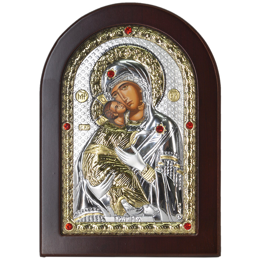 ‘Blessed Virgin Mary & Baby Jesus’ Jeweled Icon – Silver Plated with Wood