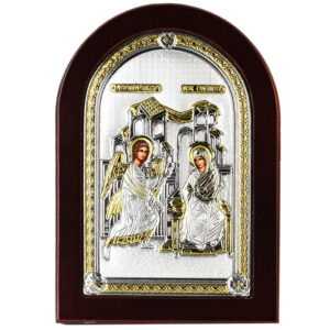 'Angel Gabriel & Blessed Mary Annunciation' Icon, Silver with Wood (front view)