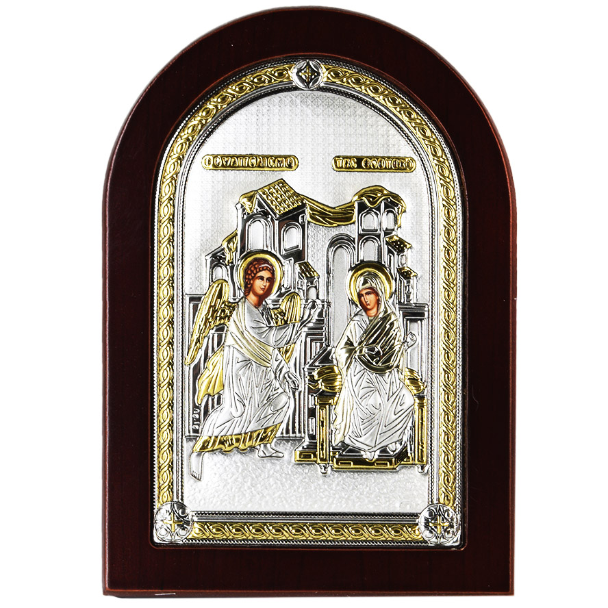 ‘Angel Gabriel & Blessed Mary Annunciation’ Icon, Silver with Wood (front view)