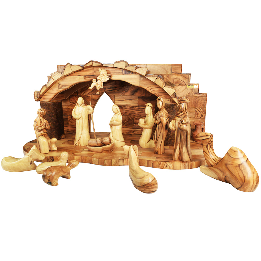 Deluxe Christmas Nativity Set in Olive Wood – Faceless Figurines – 19″