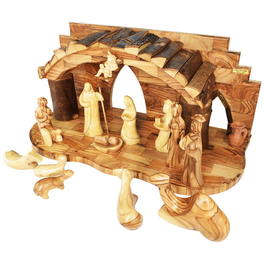 Deluxe Christmas Nativity Set in Olive Wood – Faceless Figurines – 19″ (from above)