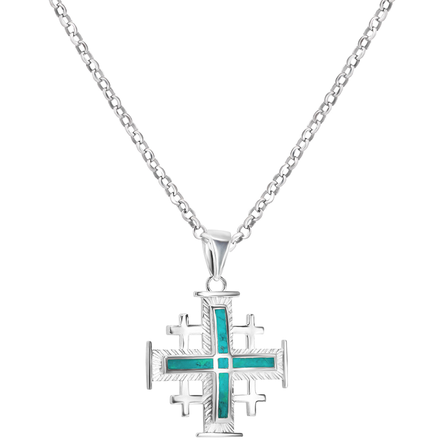 ‘Jerusalem Cross’ with Arched Solomon Stone 925 Silver Necklace (with chain)