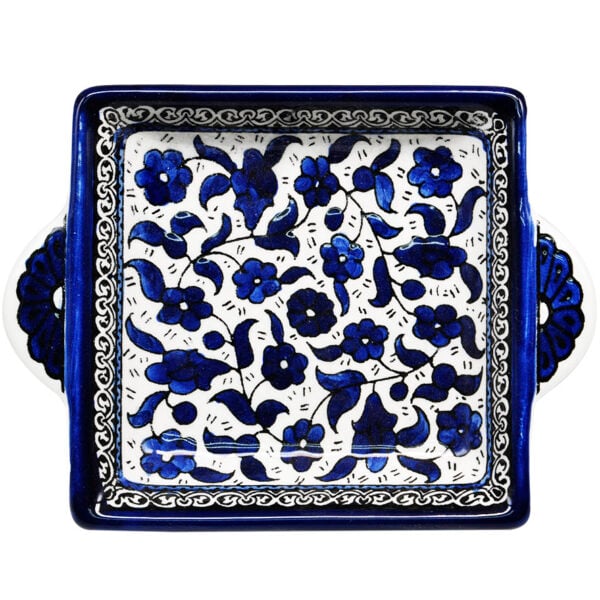 'Flowers' Armenian Ceramic Snack Dish with Handles - Blues (top view)