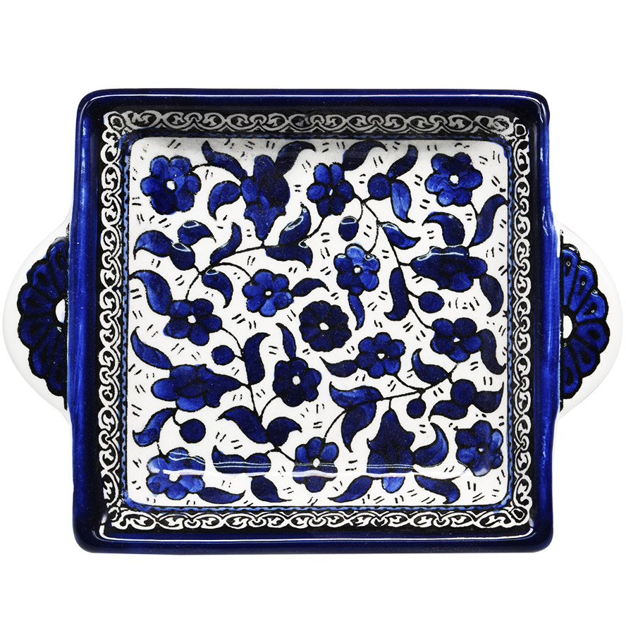 ‘Flowers’ Armenian Ceramic Snack Dish with Handles – Blues (top view)